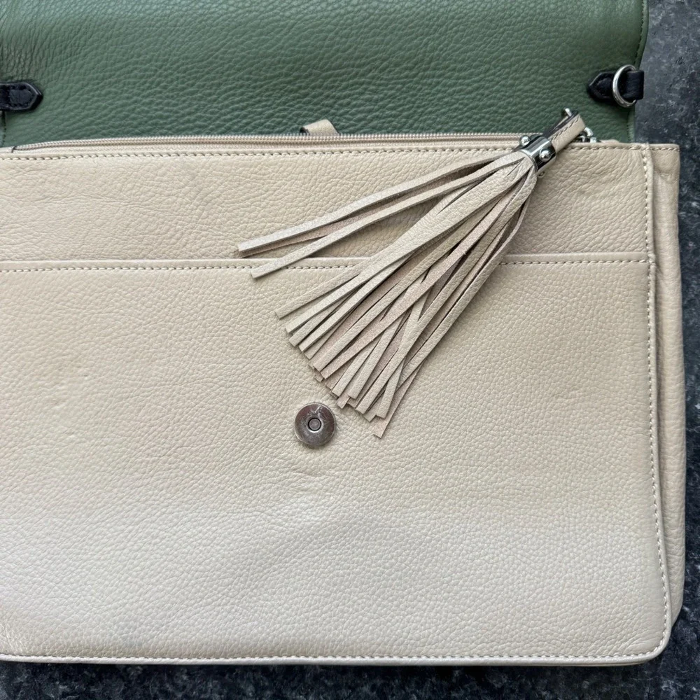 Aimee Kestenberg Pebble Leather Clutch Bag Green Beige Colorblock Tassel